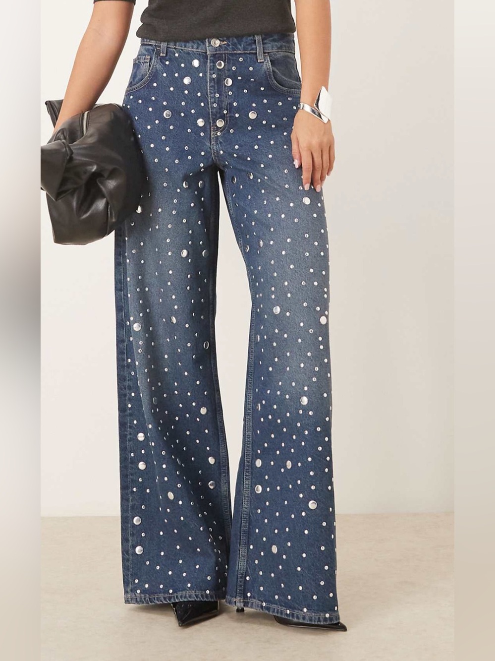 Mango Dark Blue Wide-Leg Jeans with Silver Studs